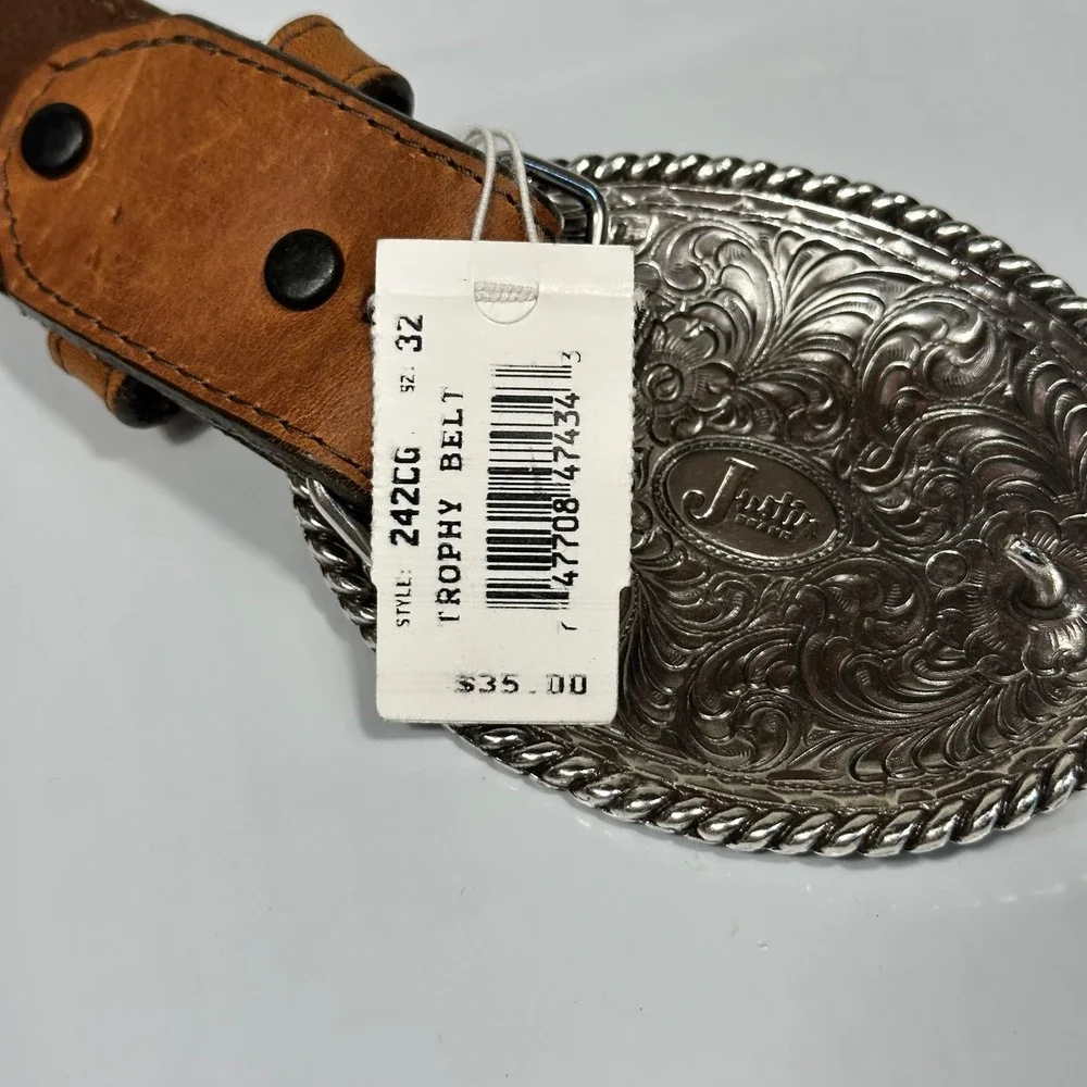 Justin Trophy Belt Mens 32 Brown Floral Embossed Leather Silver Buckle Excellent